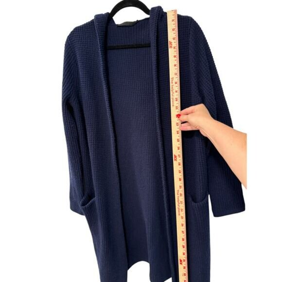 Jenni Kayne XS Waffle Knit CASHMERE Wool Hooded Cardigan Sweater Coat Navy 2 4 - Picture 6 of 8